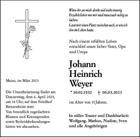 Traueranzeige von Johann Heinrich Weyer von Allgemeine Zeitung Mainz