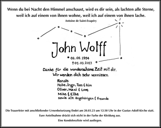 Traueranzeige von John Wolff von Allgemeine Zeitung Bingen/Ingelheim