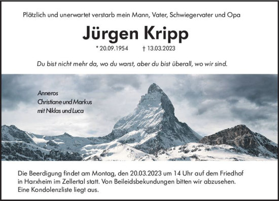 Traueranzeige von Jürgen Kripp von Allgemeine Zeitung Alzey