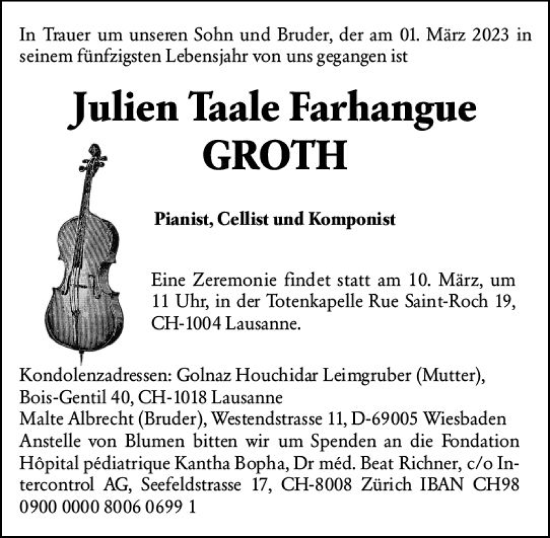 Traueranzeige von Julien Taale Farhangue Groth von Wiesbadener Kurier