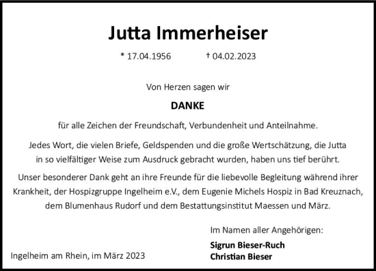 Traueranzeige von Jutta Immerheiser von Allgemeine Zeitung Bingen/Ingelheim