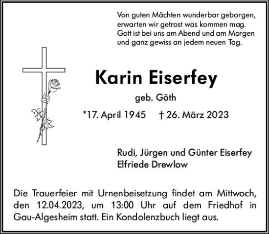 Traueranzeige von Karin Eiserfey von Allgemeine Zeitung Bingen/Ingelheim