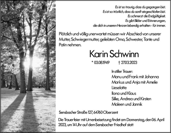 Traueranzeige von Karin Schwinn von Odenwälder Echo