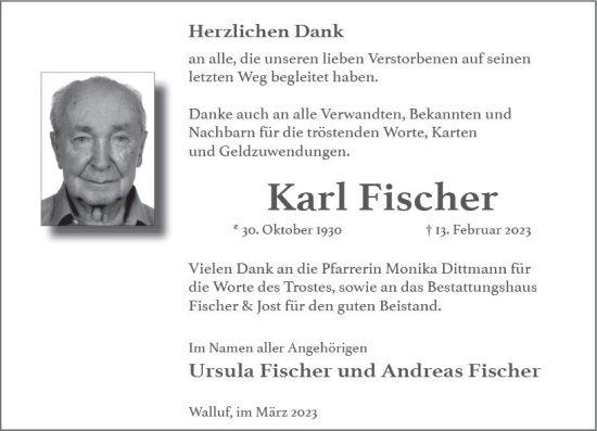 Traueranzeige von Karl Fischer von Wiesbadener Kurier