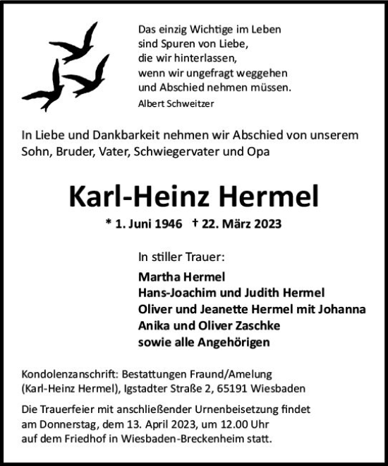 Traueranzeige von Karl-Heinz Hermel von Wiesbadener Kurier