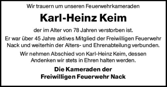 Traueranzeige von Karl-Heinz Keim von Allgemeine Zeitung Alzey