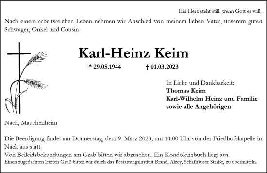 Traueranzeige von Karl-Heinz Keim von Allgemeine Zeitung Alzey