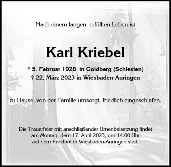 Traueranzeige von Karl Kriebel von Wiesbadener Kurier