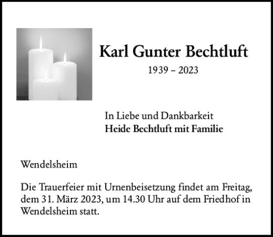 Traueranzeige von Karl Gunter Bechtluft von Allgemeine Zeitung Alzey
