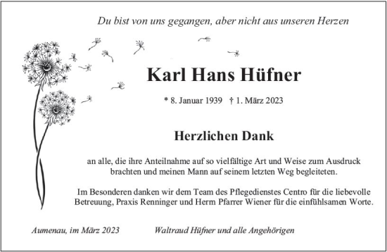 Traueranzeige von Karl Hans Hüfner von Weilburger Tageblatt