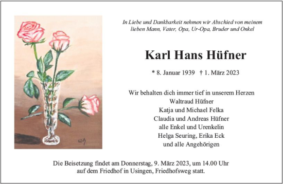 Traueranzeige von Karl Hans Hüfner von Weilburger Tageblatt