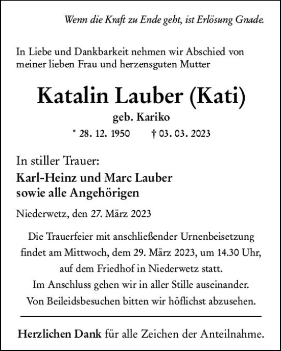 Traueranzeige von Katalin Lauber von Wetzlarer Neue Zeitung