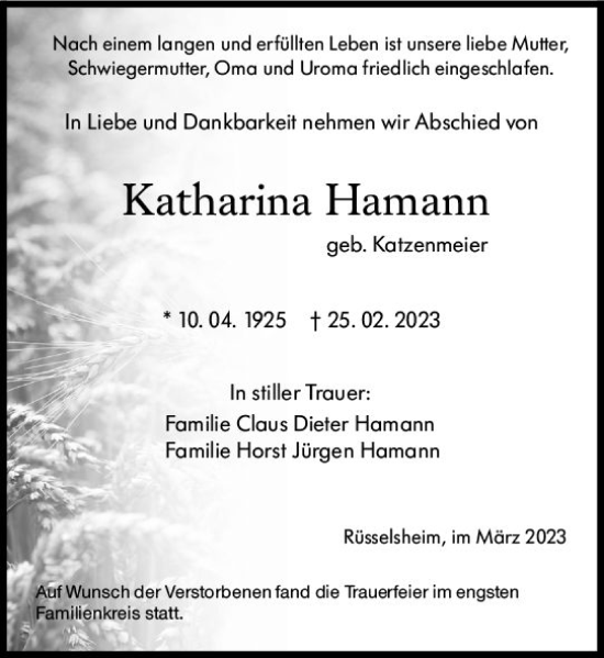 Traueranzeige von Katharina Hamann von Rüsselsheimer Echo