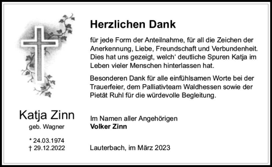 Traueranzeige von Katja Zinn von Oberhessen Kurier