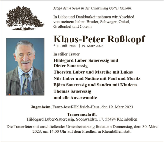 Traueranzeige von Klaus-Peter Roßkopf von Allgemeine Zeitung Bingen/Ingelheim