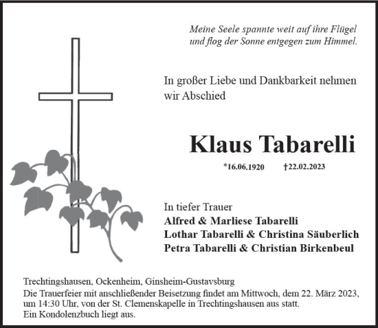 Traueranzeige von Klaus Tabarelli von Allgemeine Zeitung Bingen/Ingelheim