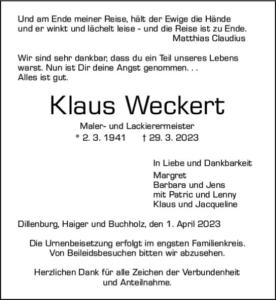 Traueranzeige von Klaus Weckert von Dill Block