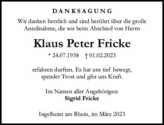 Traueranzeige von Klaus Peter Fricke von Allgemeine Zeitung Bingen/Ingelheim