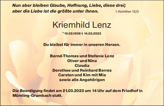 Traueranzeige von Kriemhild Lenz von Odenwälder Echo