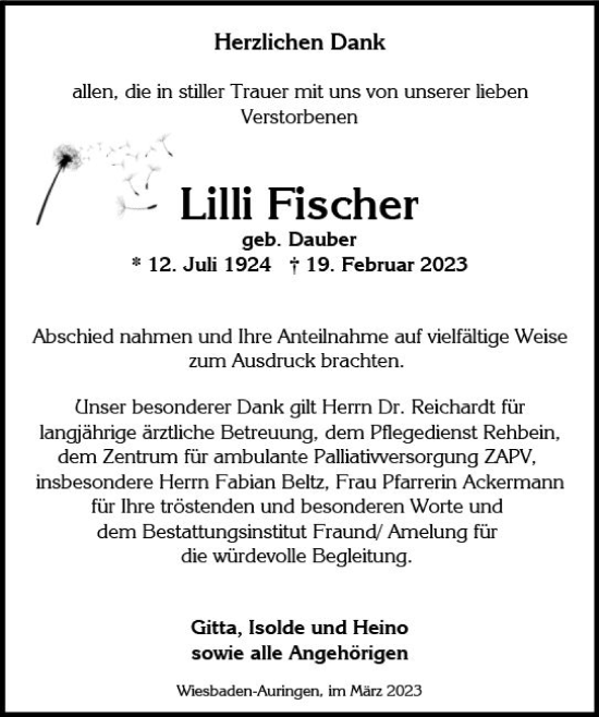 Traueranzeige von Lilli Fischer von Wiesbadener Kurier