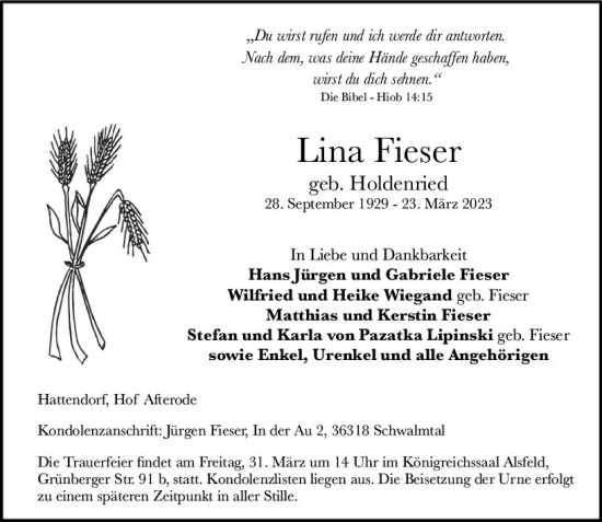 Traueranzeige von Lina Fieser von VRM Trauer