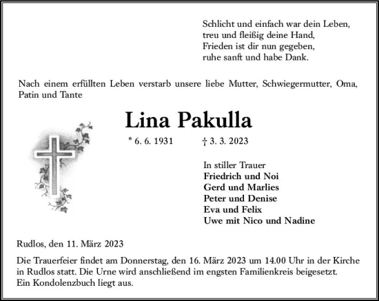Traueranzeige von Lina Pakulla von VRM Trauer