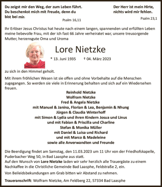 Traueranzeige von Lore Nietzke von Hinterländer Anzeiger