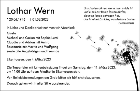 Traueranzeige von Lothar Wern von Weilburger Tageblatt