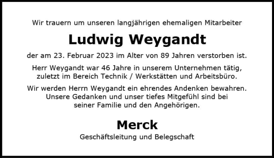 Traueranzeige von Ludwig Weygandt von Darmstädter Echo