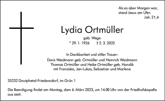 Traueranzeige von Lydia Ortmüller von Hinterländer Anzeiger