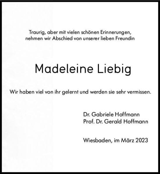 Traueranzeige von Madeleine Liebig von Allgemeine Zeitung Mainz