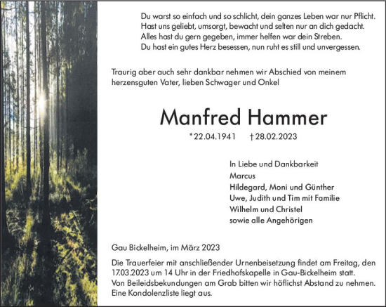 Traueranzeige von Manfred Hammer von Allgemeine Zeitung Alzey