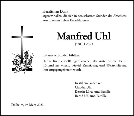 Traueranzeige von Manfred Uhl von Allgemeine Zeitung Mainz