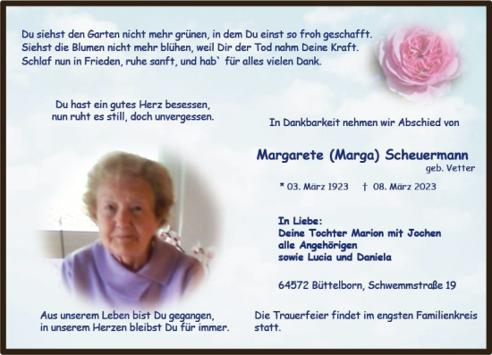 Traueranzeige von Margarete Scheuermann von Groß-Gerauer Echo