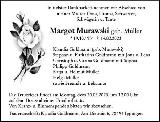 Traueranzeige von Margot Murawski von Allgemeine Zeitung Mainz