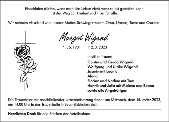Traueranzeige von Margot Wigand von Wetzlarer Neue Zeitung