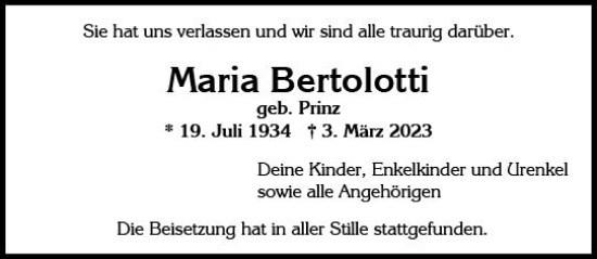 Traueranzeige von Maria Bertolotti von Wiesbadener Kurier