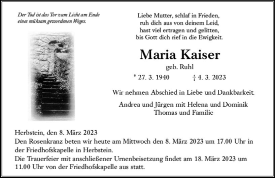 Traueranzeige von Maria Kaiser von VRM Trauer