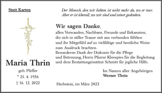 Traueranzeige von Maria Thrin von VRM Trauer