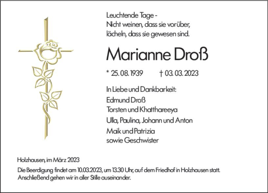 Traueranzeige von Marianne Droß von Wetzlarer Neue Zeitung