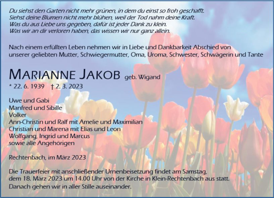 Traueranzeige von Marianne Jakob von Wetzlarer Neue Zeitung