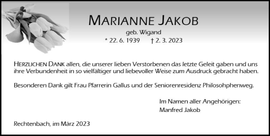 Traueranzeige von Marianne Jakob von Wetzlarer Neue Zeitung