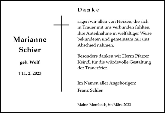 Traueranzeige von Marianne Schier von Allgemeine Zeitung Mainz