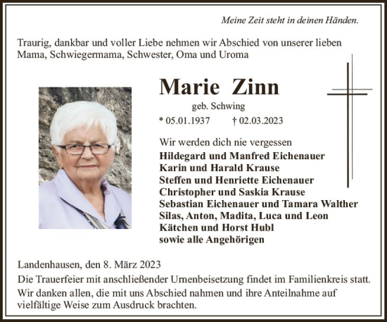 Traueranzeige von Marie Zinn von VRM Trauer