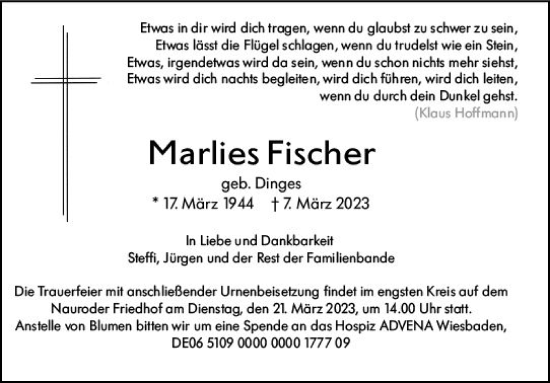Traueranzeige von Marlies Fischer von Wiesbadener Kurier