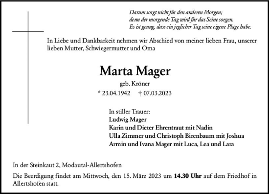 Traueranzeige von Marta Mager von Darmstädter Echo