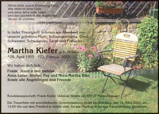 Traueranzeige von Martha Kiefer von Idsteiner Land/Untertaunus