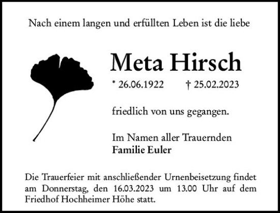 Traueranzeige von Meta Hirsch von Wormser Zeitung