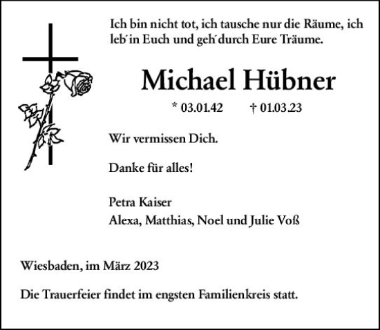 Traueranzeige von Michael Hübner von Wiesbadener Kurier