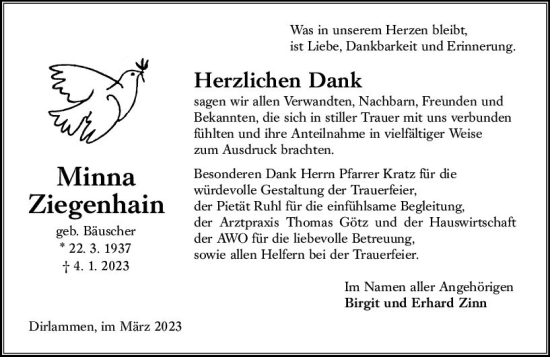 Traueranzeige von Minna Ziegenhain von Oberhessen Kurier